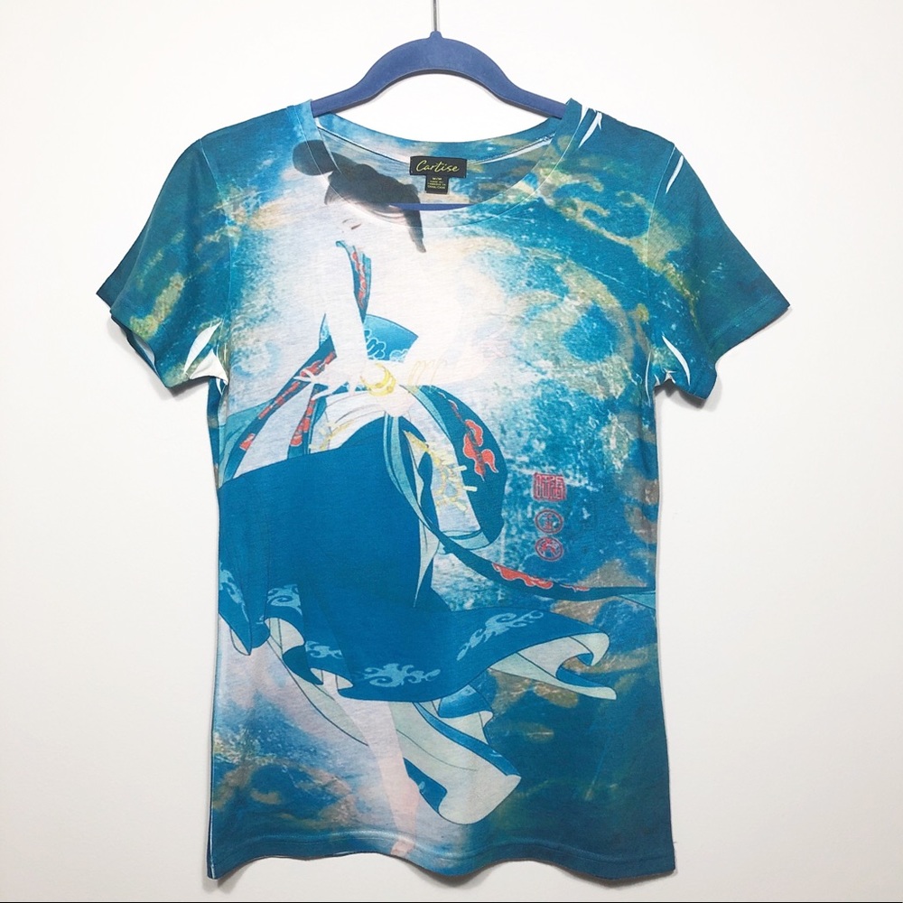 Cartise Asian Inspired Graphic Tee Blue Green M